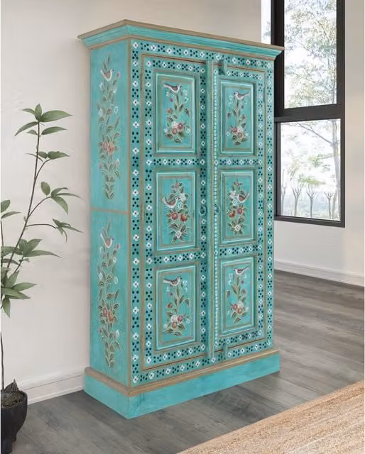 Prem Vintage Turquoise Green 2 Door Glass Storage Cabinet with Internal Shelves