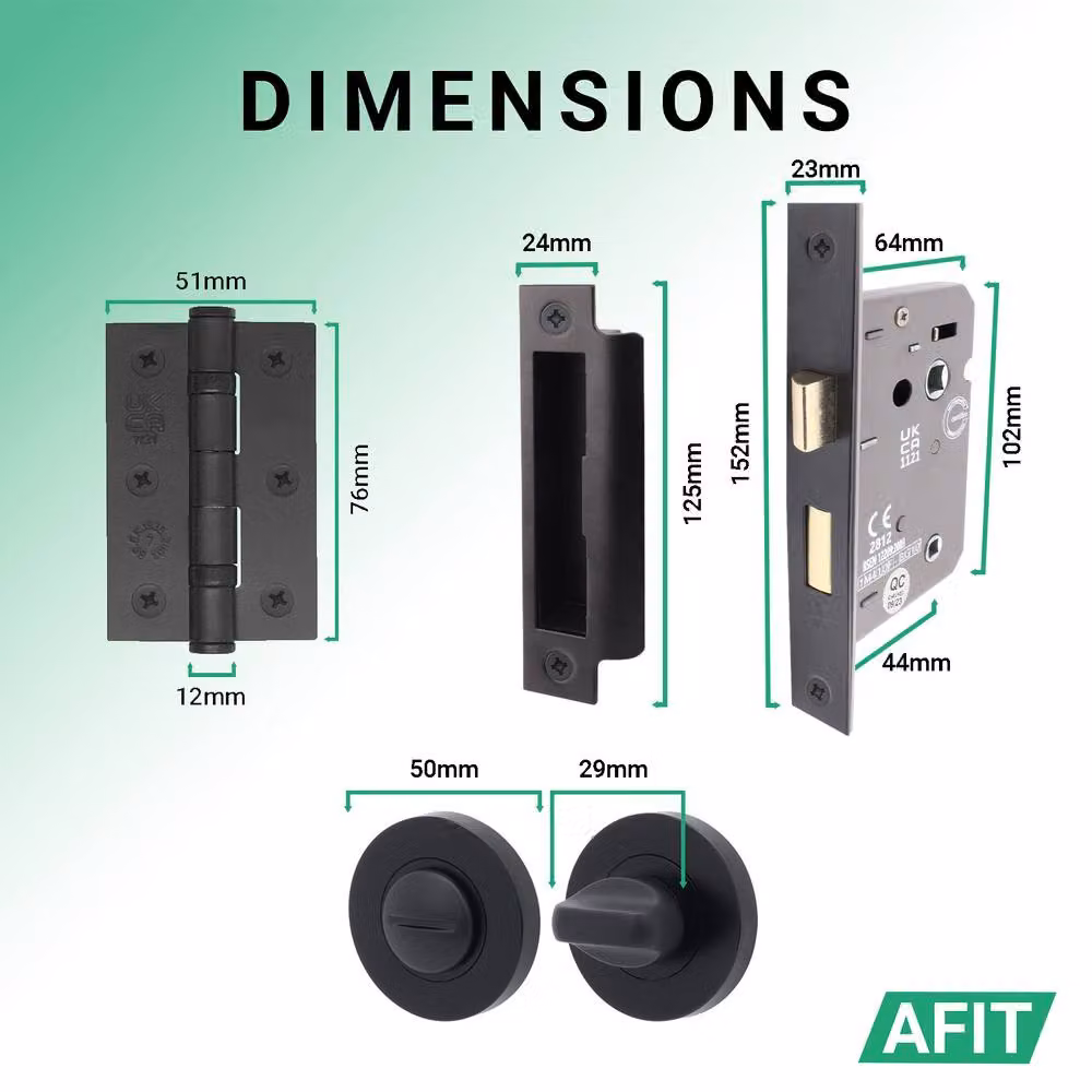 AFIT Matt Black Aluminium Bathroom Door Handle with Lock and Hinges, W/D/H: 15.2 x 15.0 x 15.0 cm – 4