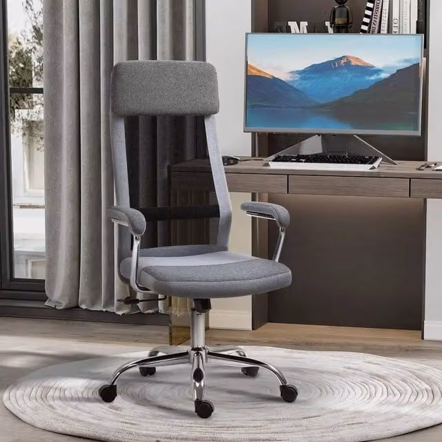 EONLION Grey Mesh and Fabric High Back Swivel Office Task Chair with Headrest and Armrests – 1