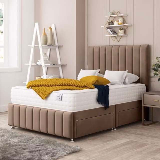 Bed Choices Moscow King Size Divan Bed with 4 Drawers, Mattress and 26 inch Headboard in Brown Velvet Fabric