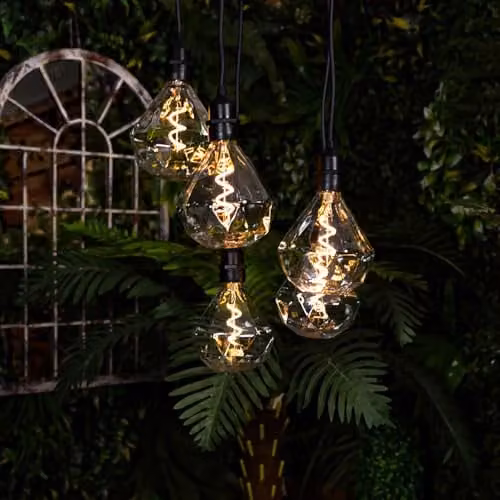 mysmartbuy Battery Powered Diamond Bulb 5 Drop Pendant Light with Warm White LEDs, Black Weatherproof Hanging Garden Lighting with Timer and Dusk Sensor