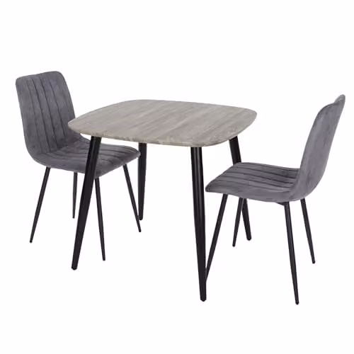Core Products Aspen 3-Piece Dining Set with Square Grey-Oak Effect Table and 2 Grey Upholstered Fabric Chairs with Black Metal Legs