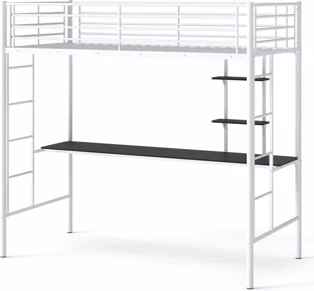 COSTWAY Modern White Metal Single Loft Bed with Side Compartments, W/D/H: 90 x 200 x 220 cm