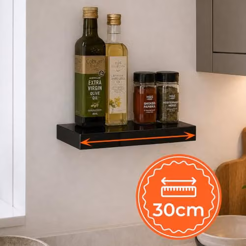 iTrend High Gloss Black Floating Wall Shelf, Modern MDF Wall Mounted Storage Shelf for Living Room, Kitchen and Bathroom, W: 30 cm, D: 23.5 cm, H: 3 cm – 4