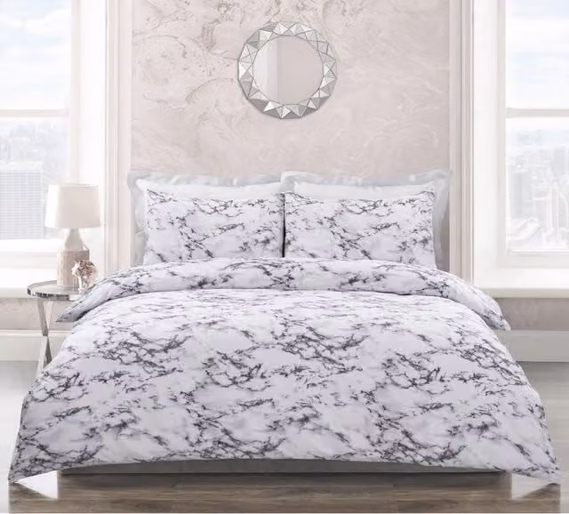 Velosso Grey and White Marble Print Polycotton Duvet Cover and Pillowcase Set