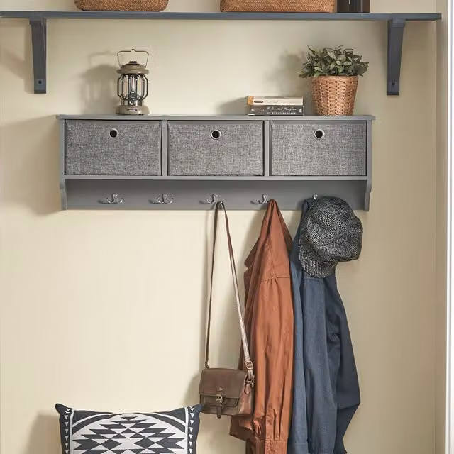 SoBuy Modern Metal Wall Coat Rack with 3 Baskets and Distributed Point Hooks in Grey