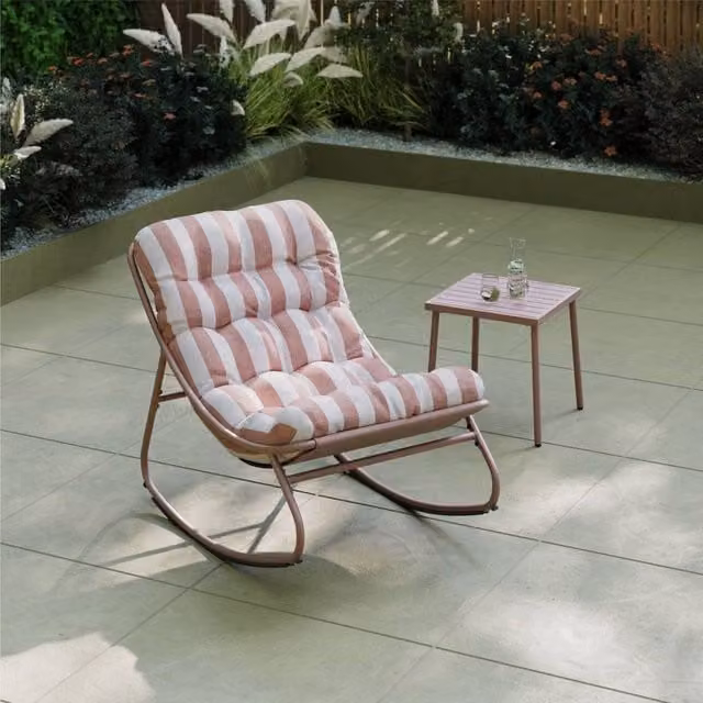 Charles Bentley Porto Terracotta and Green Striped Rocking Chair with UV-Resistant Olefin Cushions – 1