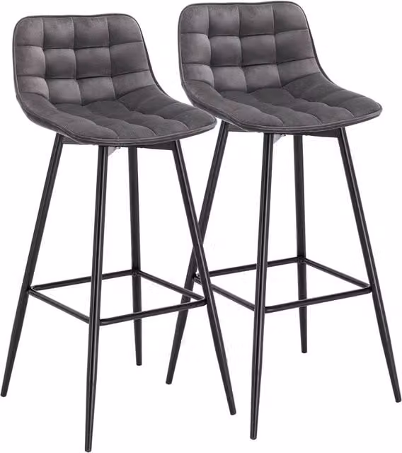 Nordara Set of 2 Modern Velvet and Metal Bar Stools in Dark Grey