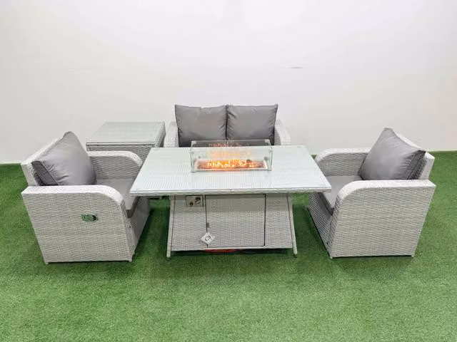 Fimous 4 Seater Light Grey PE Wicker Rattan Garden Furniture Set with Sofa, Reclining Chairs, Firepit, Dining Table and Side Table