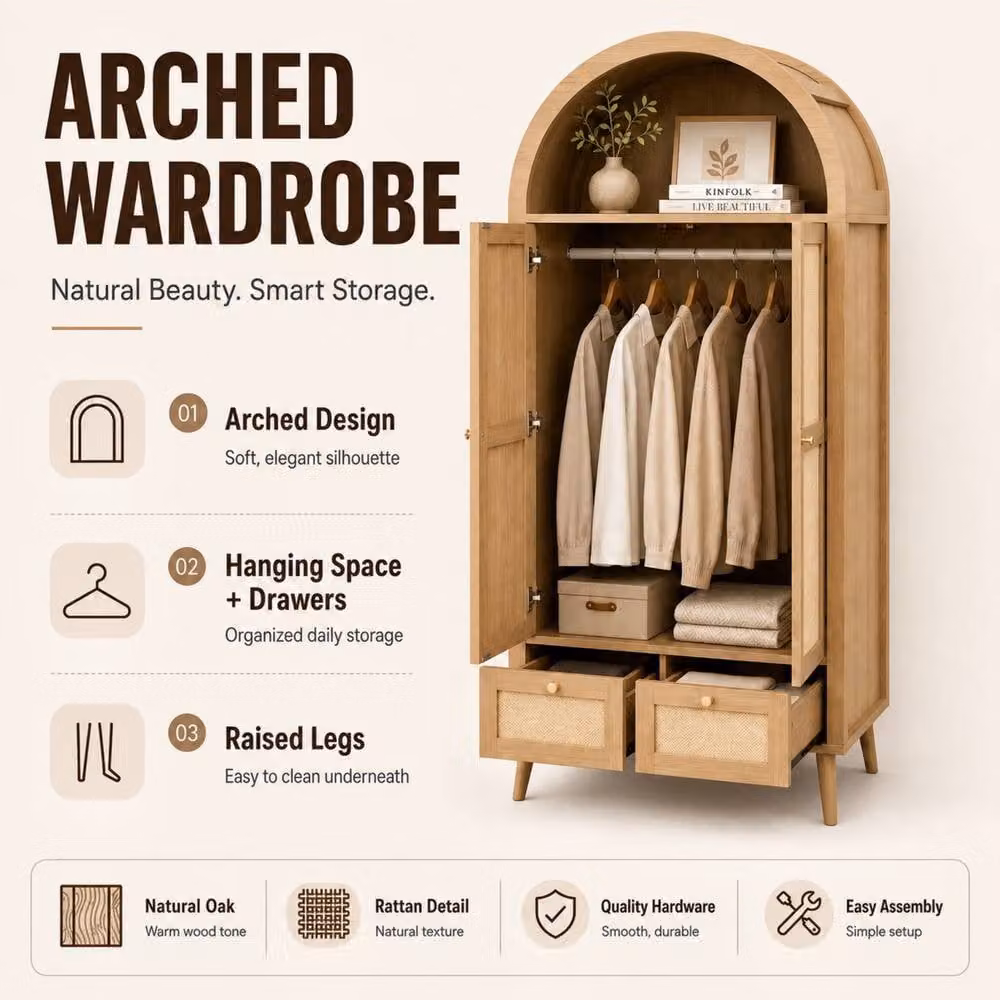 Matteo Modern Rattan-Effect Double Wardrobe with Hinged Doors and Integrated Drawers in Natural Oak – 5
