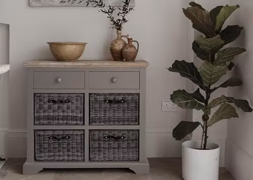 Florence Dove Grey Sideboard with 2 Drawers and 4 Removable Storage Baskets, Acacia Wood Top, W/D/H: 96 x 42 x 85 cm