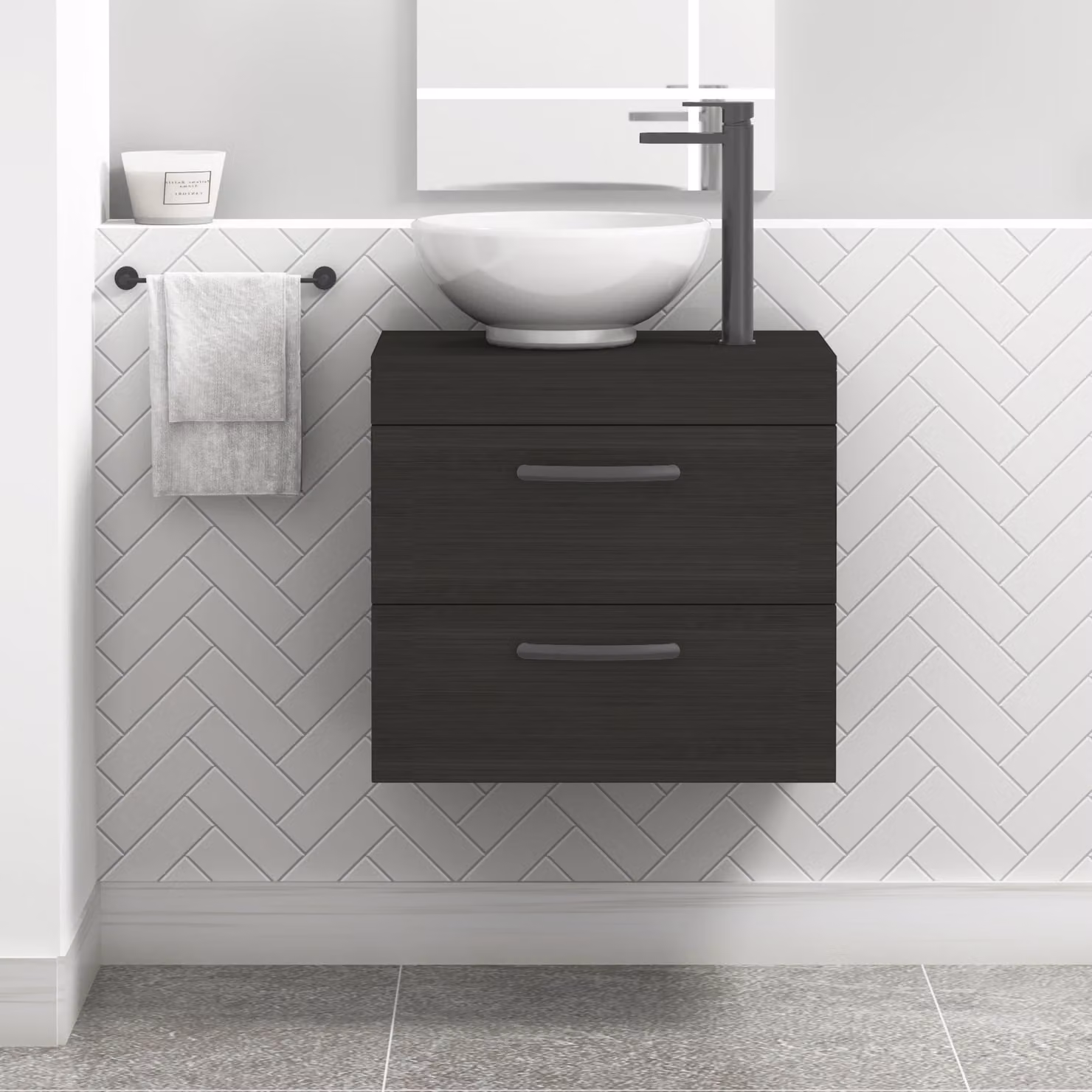 Royal Bathrooms Hale Black Wall Mounted 2 Drawer Bathroom Vanity Unit with Breeze Countertop Sink and Matt Black Handles, Width: 60 cm