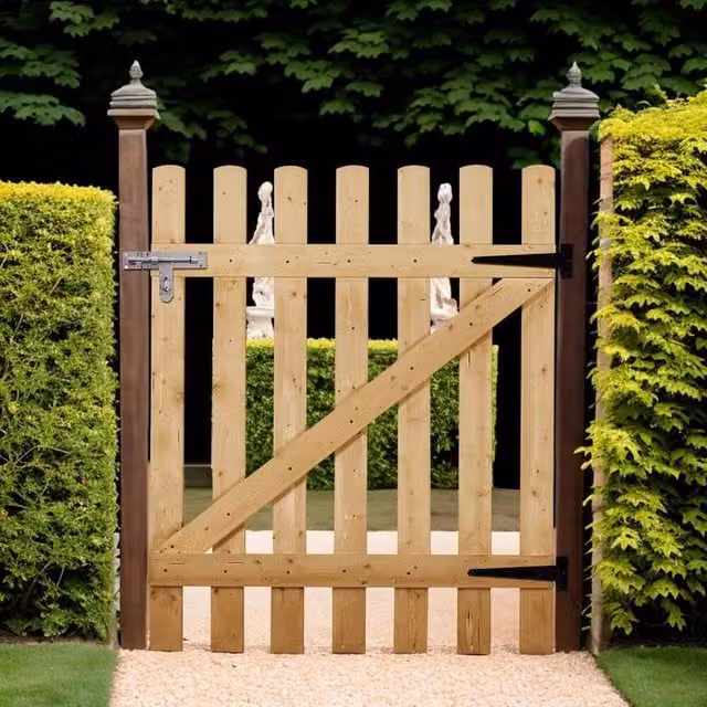 KORVIXA Brown Wooden Picket Fence Garden Gate, W: 90 cm, H: 120 cm