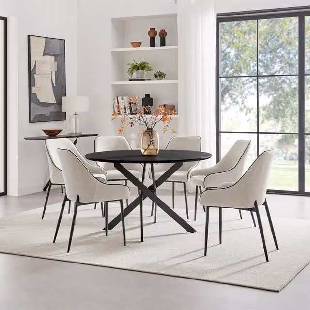 FurnitureboxUK Novara Black Round Dining Table and 6 Beaumont Cream Fabric Chairs Set
