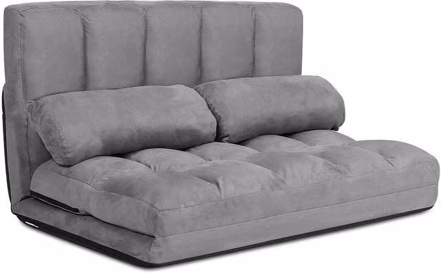 Gymax Grey Microfibre Folding Sofa Bed with 6-Position Adjustable Back and Metal Frame – 1