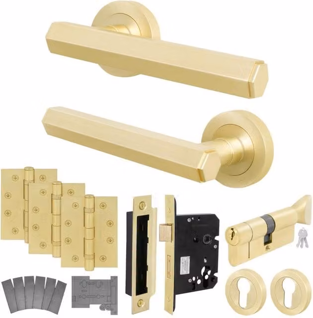 AFIT Gold Brass Fire Door Handle Set with Euro Lock Thumbturn Cylinder and Hinges, W/D/H: 15 x 15 x 15 cm