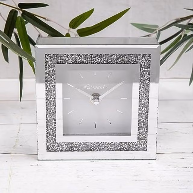 Leonardo Small Square Crystal Desk Clock with Crushed Diamante in Silver
