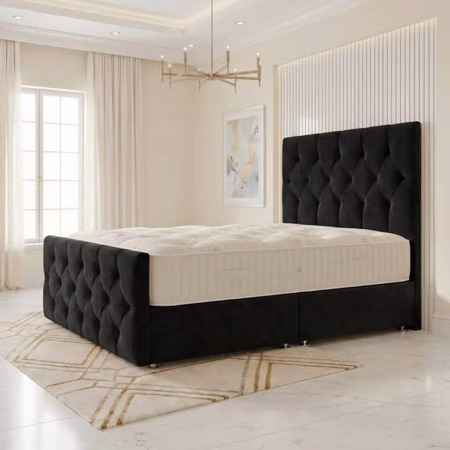 Somnior Ziggy Black Velvet Divan Bed with Spring Mattress, W/D/H: 90 x 190 x 28 cm