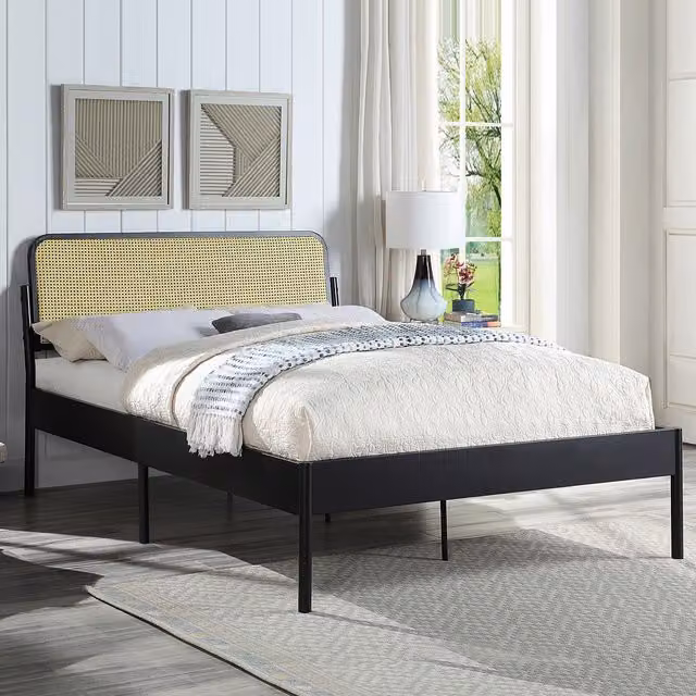 SlumberWorx Cheshunt Black Metal Rattan Headboard Bed Frame