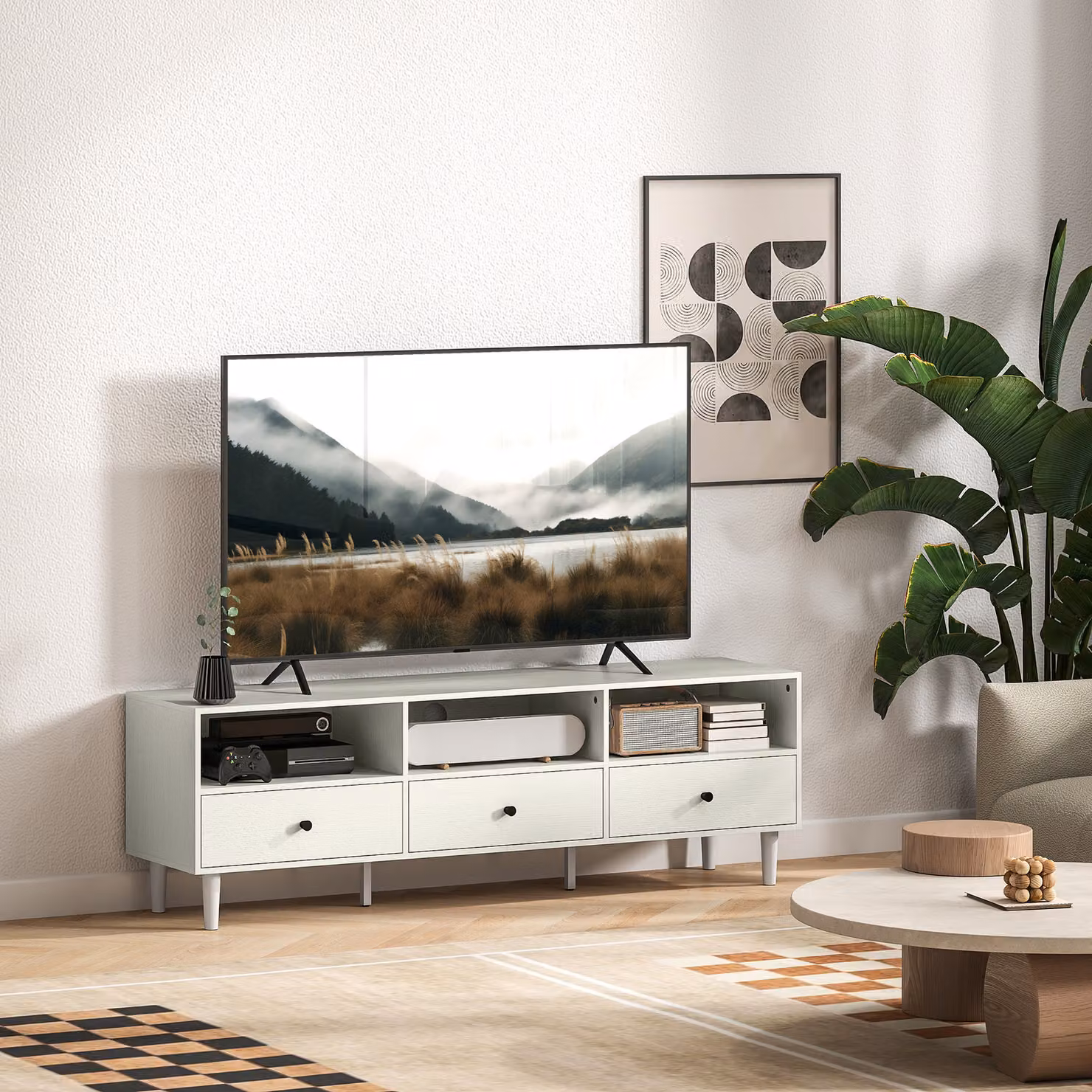 HOMCOM Modern Multi-Storage Minimalist TV Stand in White – 7