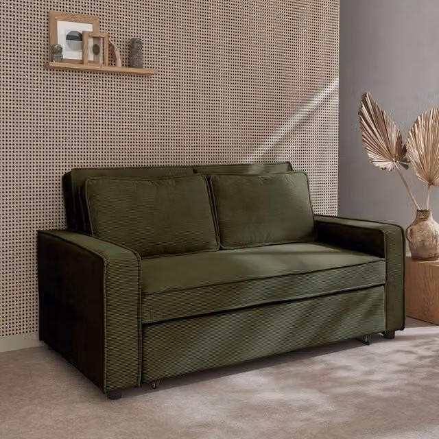 sweeek 2-Seater Corduroy Sofa Bed in Khaki Green with Scatter Cushions