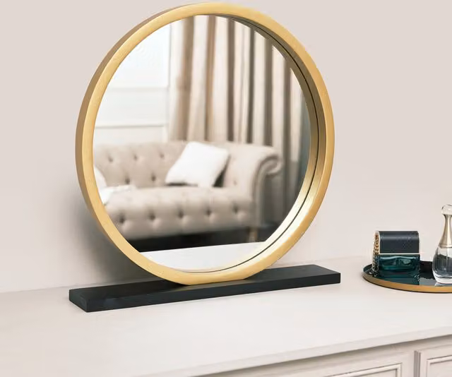Melody Maison Mid-Century Round Freestanding Tabletop Mirror in Gold and Black