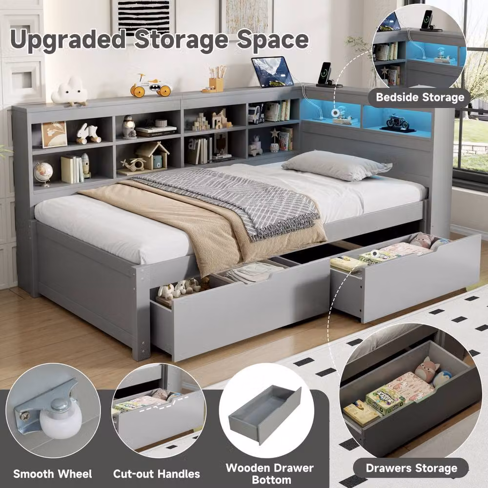 ModernLuxe Single Daybed in Grey with Storage Drawers, LED Lighting and USB Charging Port – 4