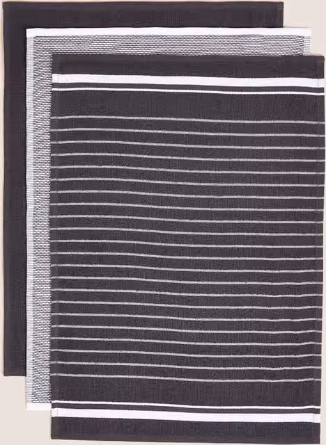 M&S Set of 3 Highly Absorbent Cotton Striped Tea Towels in Grey