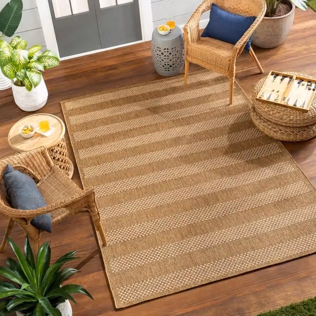 Livabliss Pismo Beach Modern Striped In- & Outdoor Jute-Look Rug in Brown and Yellow, W: 200 cm, D: 275 cm