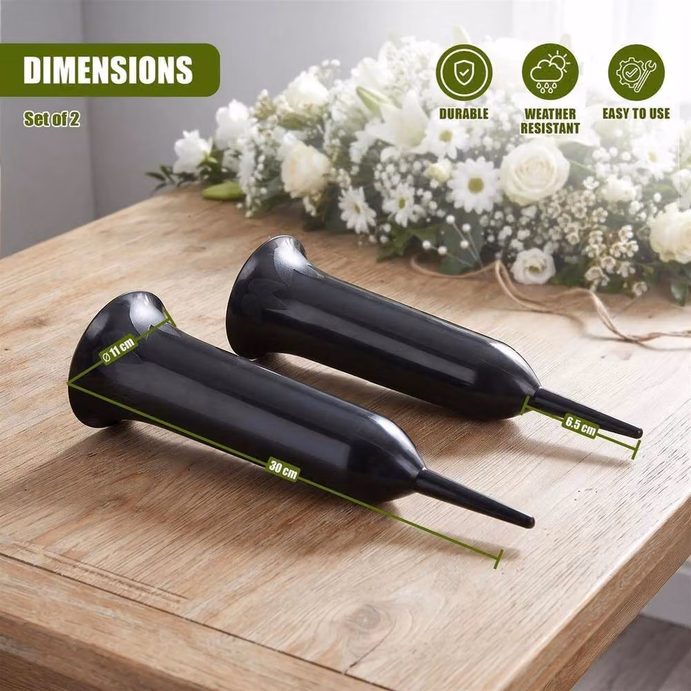 EONLION Set of 2 Black Plastic Grave Vases with Spikes for Cemetery Flower Pots – 2