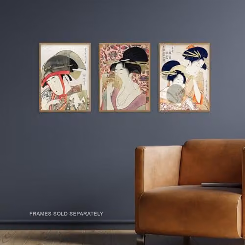 Artery8 Set of 3 Kitagawa Women Japanese Ukiyo-e Wall Art Prints, Pink, Blue and Multicolour, W/H: 29.7 x 42.0 cm – 2