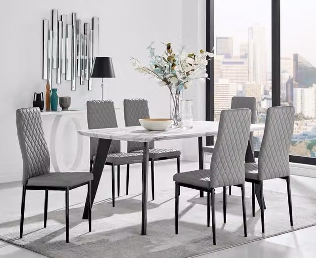 FurnitureboxUK Andria White Marble Effect Rectangular Dining Table and 6 Milan Grey Faux Leather Chairs W/D/H: 160 x 90 x 75 cm – 1