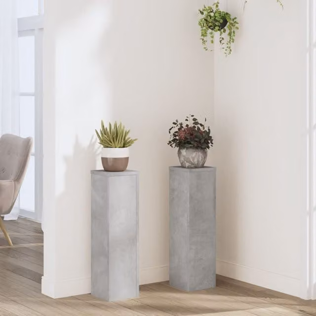 Berkfield Home Set of 2 Modern Square Plant Stands in Grey Concrete Effect MDF, W/D/H: 17 x 17 x 60 cm