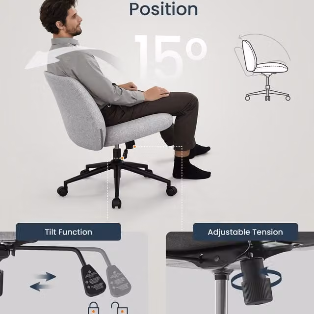 SONGMICS HOME Grey Fabric Armless Swivel Task Chair with Adjustable Height for Home Office