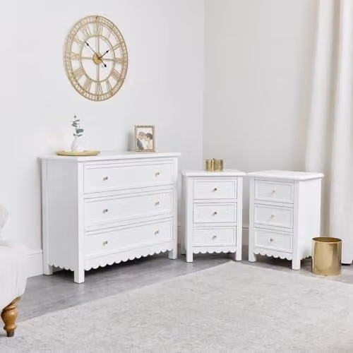 Melody Maison Staunton White Large Scalloped 3 Drawer Chest of Drawers and Pair of Bedside Tables with Gold Details
