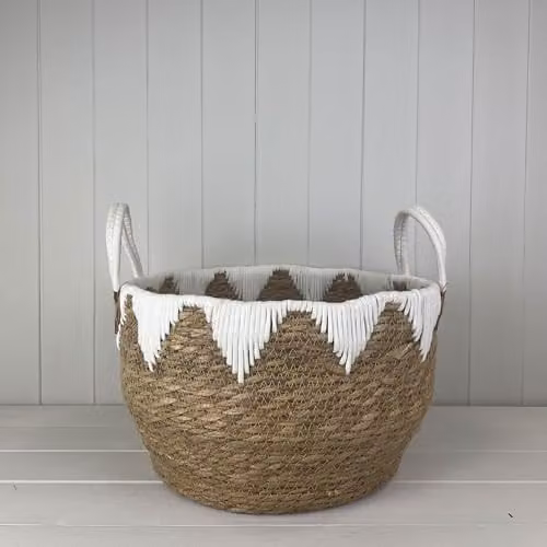 Four Candle Round Woven Seagrass Storage Basket in White, Beige or Brown, Diameter: 38 cm – 1