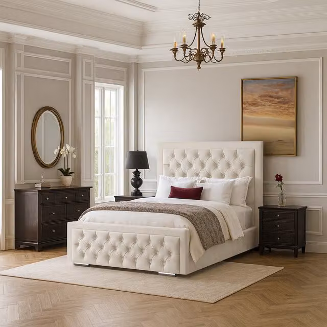 Desire Deco Kinsley Upholstered Velvet Bed Frame in Yellow and White, Superking Size (200 x 200 cm)