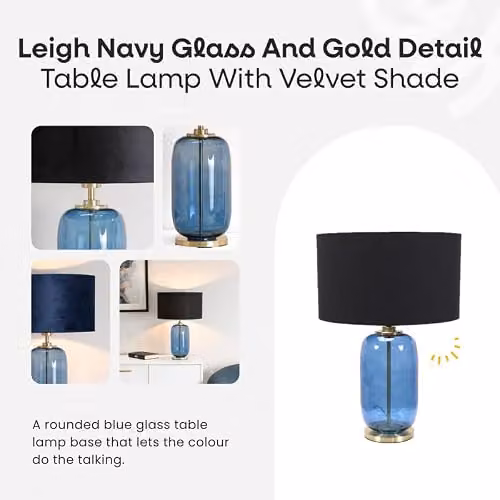 ValueLights Leigh Navy Blue Velvet Drum Shade Table Lamp with Gold Trim and Glass Base, Includes Bulb – 5
