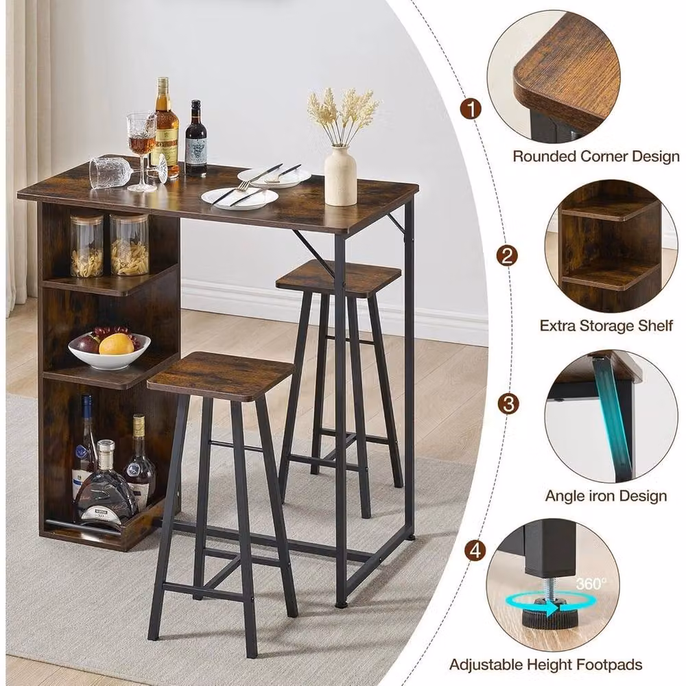 VOGREX 3-Piece Dining Table Set with 2 Stools and Storage Shelves in Brown – 3