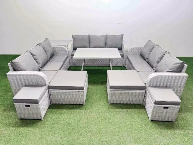 Fimous Modern Rattan Garden Furniture Set with Dining Table in Light Grey