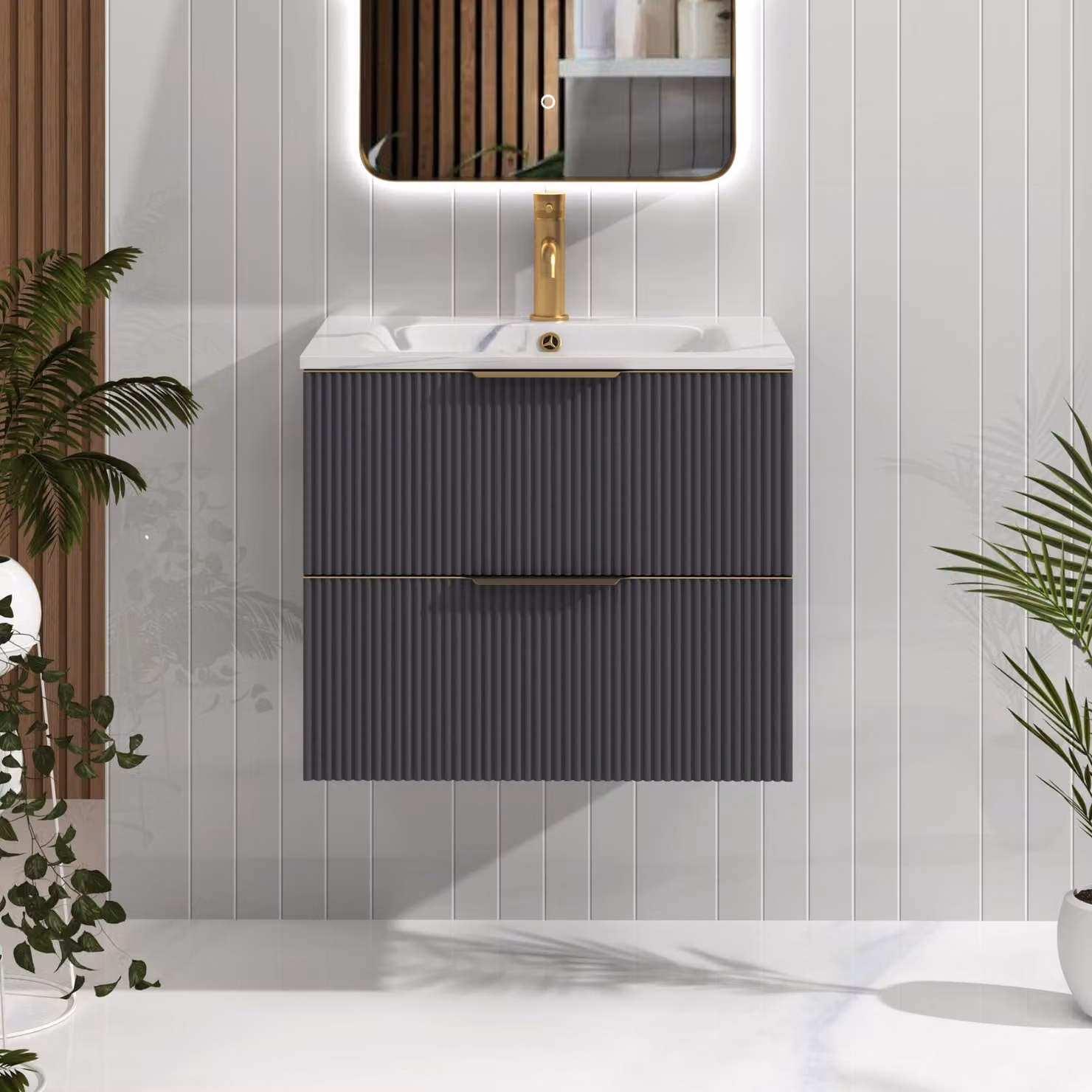 Royal Bathrooms Evora 600mm Graphite Grey Fluted Wall Hung 2 Drawer Vanity Unit with Carrara White Basin and Brushed Brass Handles