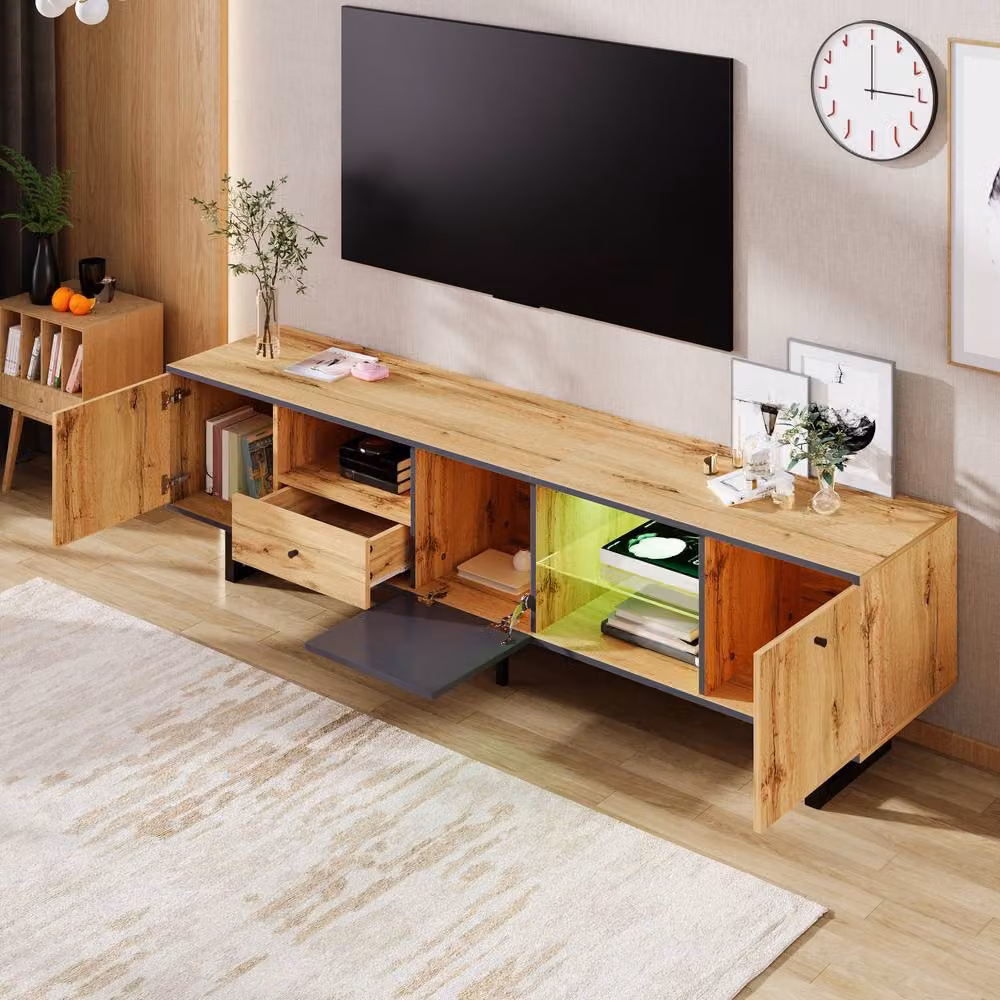 Matteo Modern Lowboard TV Cabinet with LED Lights in Grey and Wood – 3