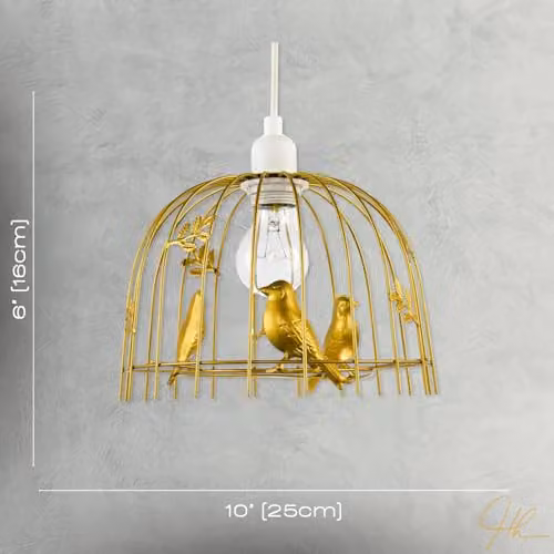 Happy Homewares Birdcage Pendant Lamp Shade in Gold Metal with 3D Birds and Leaves, Shabby Chic Style, W: 25 cm, H: 16 cm – 3