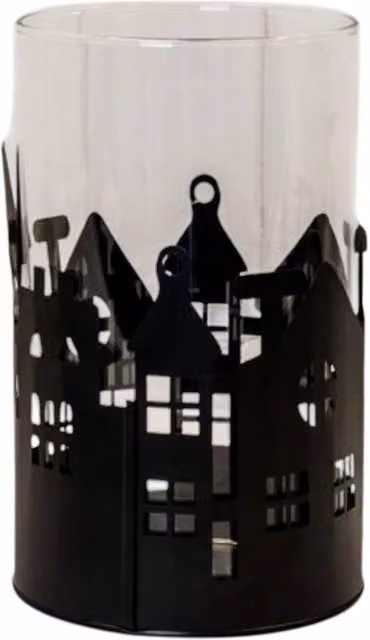 Four Candle Black Metal House Scene Candle Holder with Glass Insert – 1