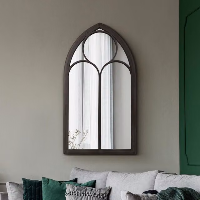 MirrorOutlet The Somerley Rustic Metal Chapel Arched Decorative Wall Mirror - Black