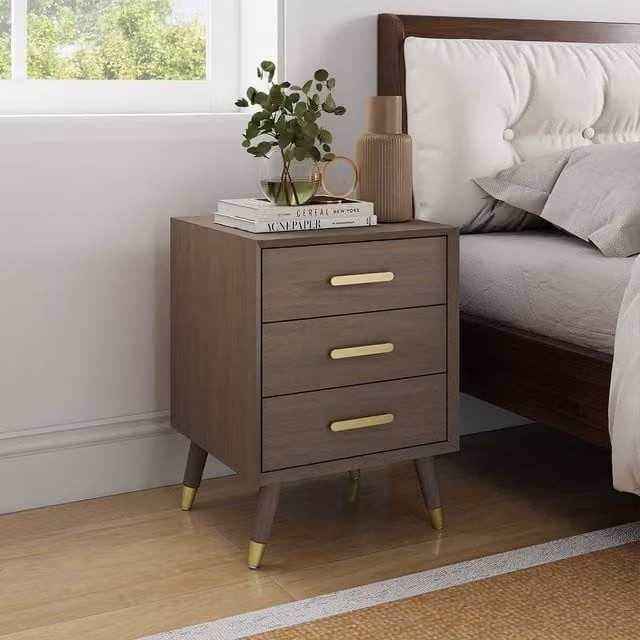Melody Maison Oslo 3 Drawer Bedside Table in Brown Wood and Gold Metal