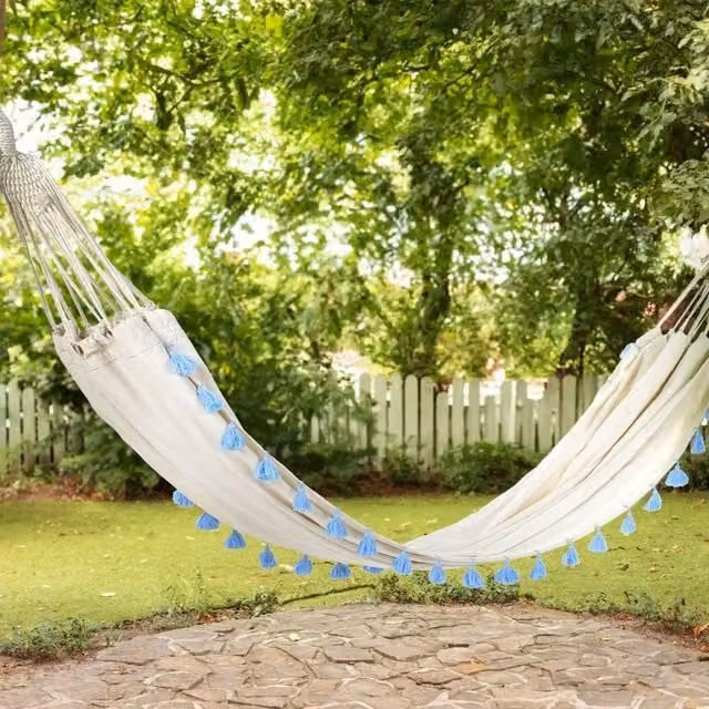 Wyld and Coco Beige Cotton Garden Hammock with Blue Boho Accents – 1