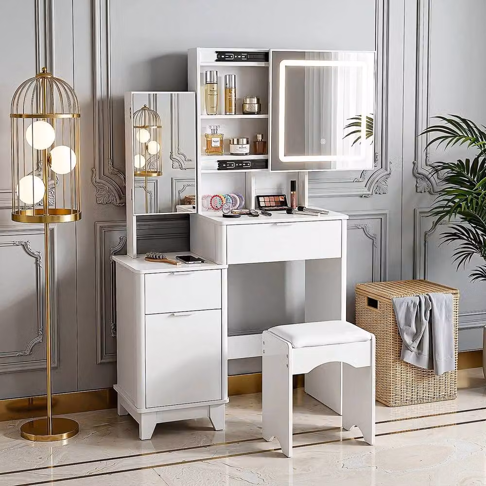 FORGEVIO Modern White Dressing Table Set with LED Hollywood Mirror and Stool – 3