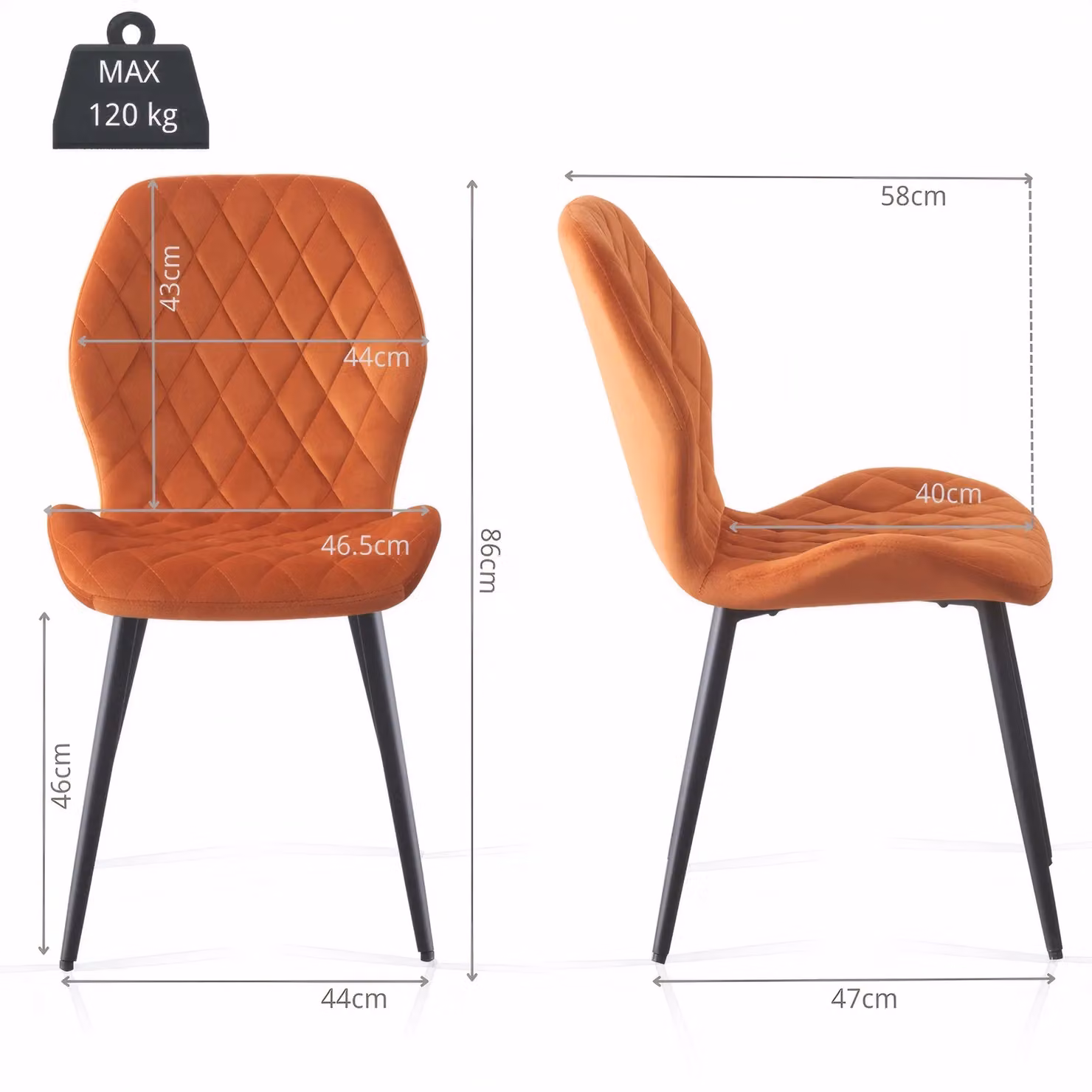 SONARA Modern Velvet Dining Chairs Set of 2 in Orange with Ergonomic Curved Backrest and Metal Legs – 3