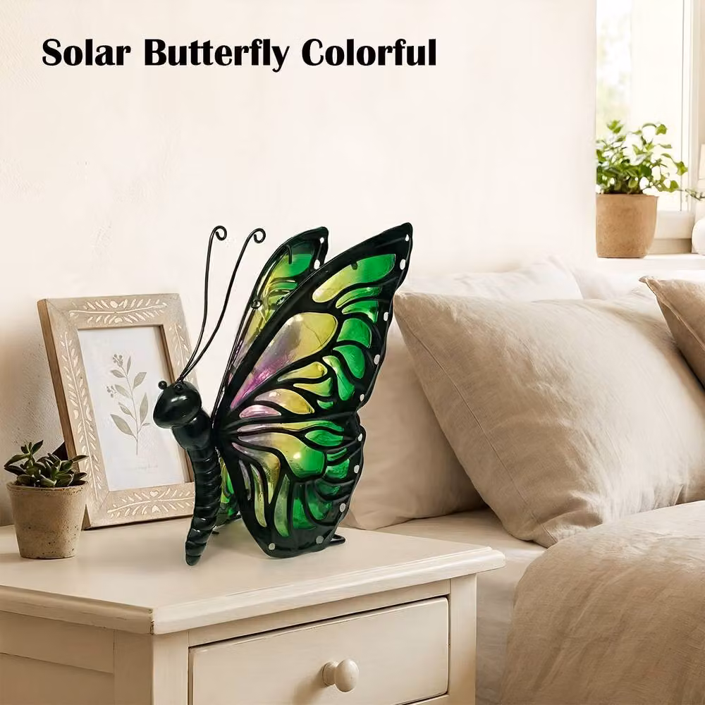 Bright Zeal Solar Butterfly Outdoor Lights, Hand-Painted Multicolour Glass Warm LED Decor – 7